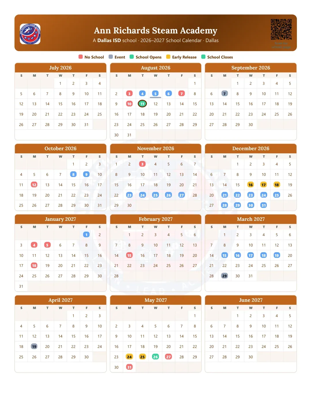 Ann Richards Steam Academy Calendar for the Year 26-27