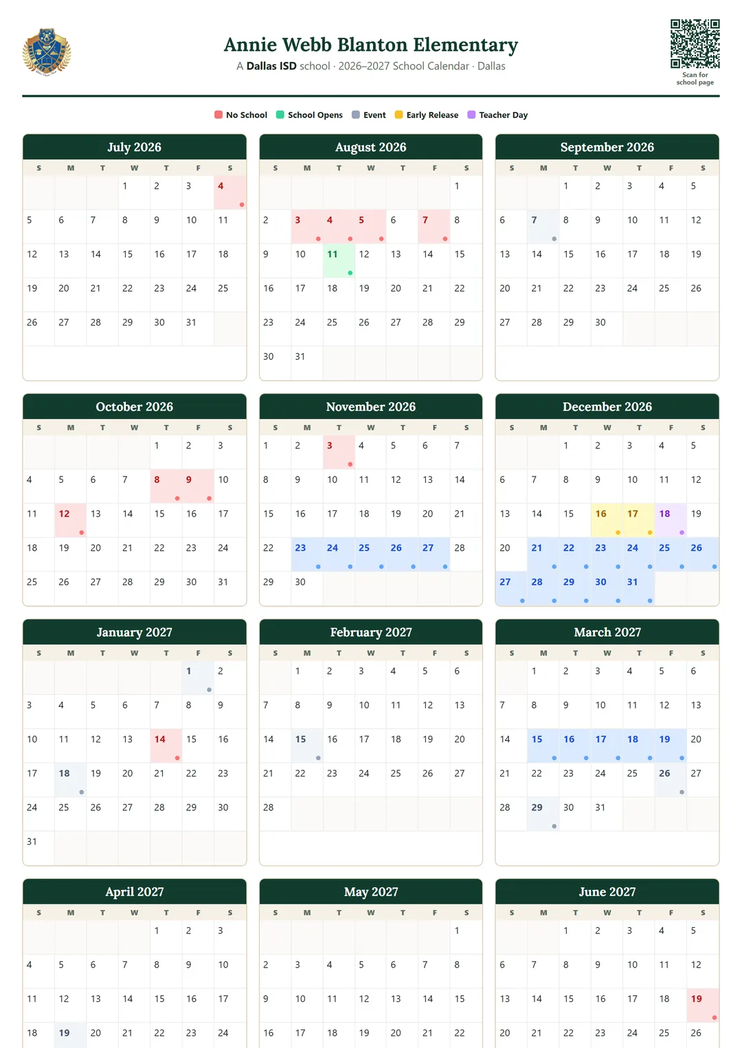Annie Webb Blanton Elementary printable 2026–2027 calendar