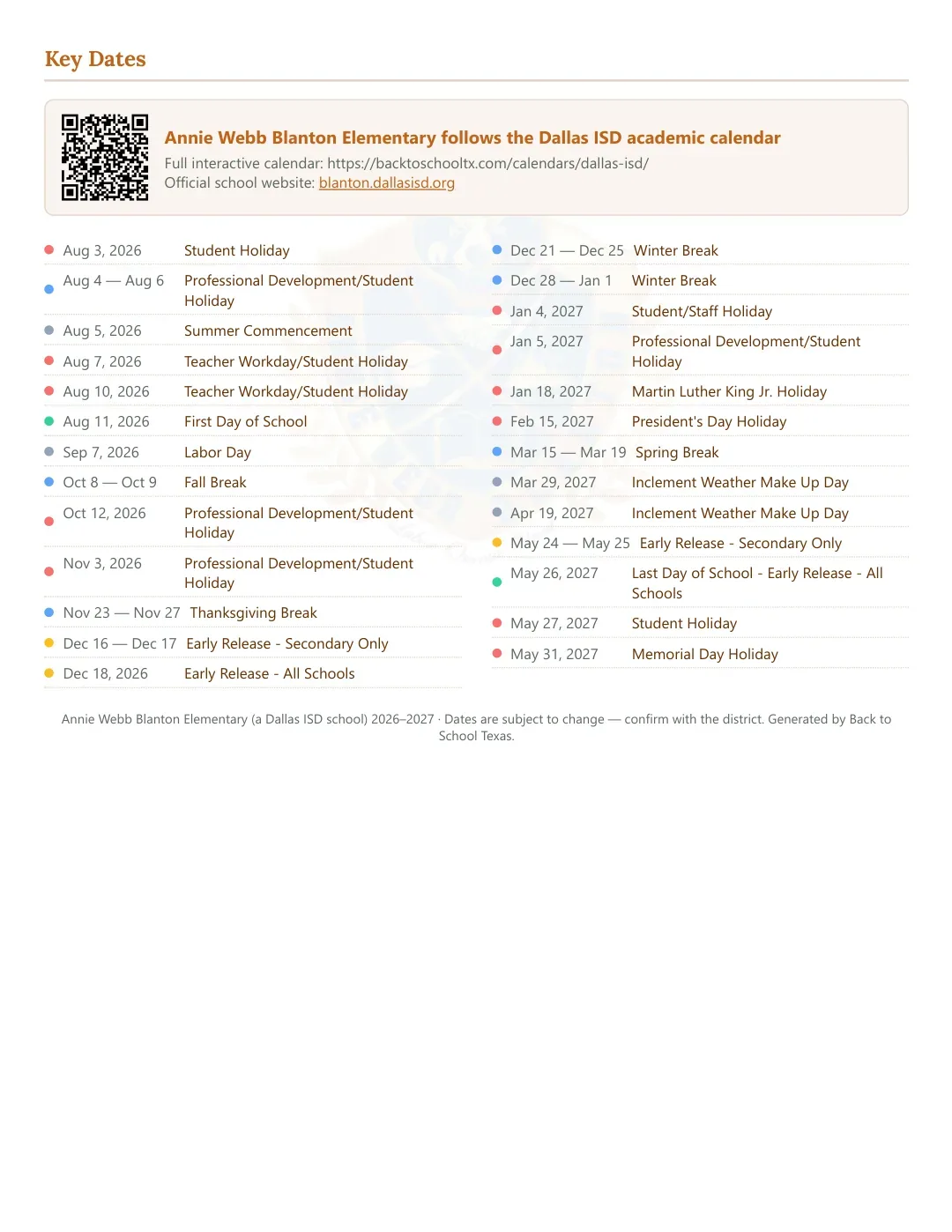 Annie Webb Blanton Elementary Calendar for the Year 26-27 — key dates