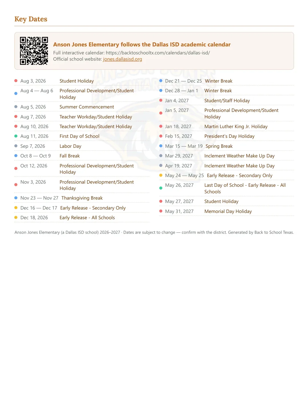 Anson Jones Elementary Calendar for the Year 26-27 — key dates