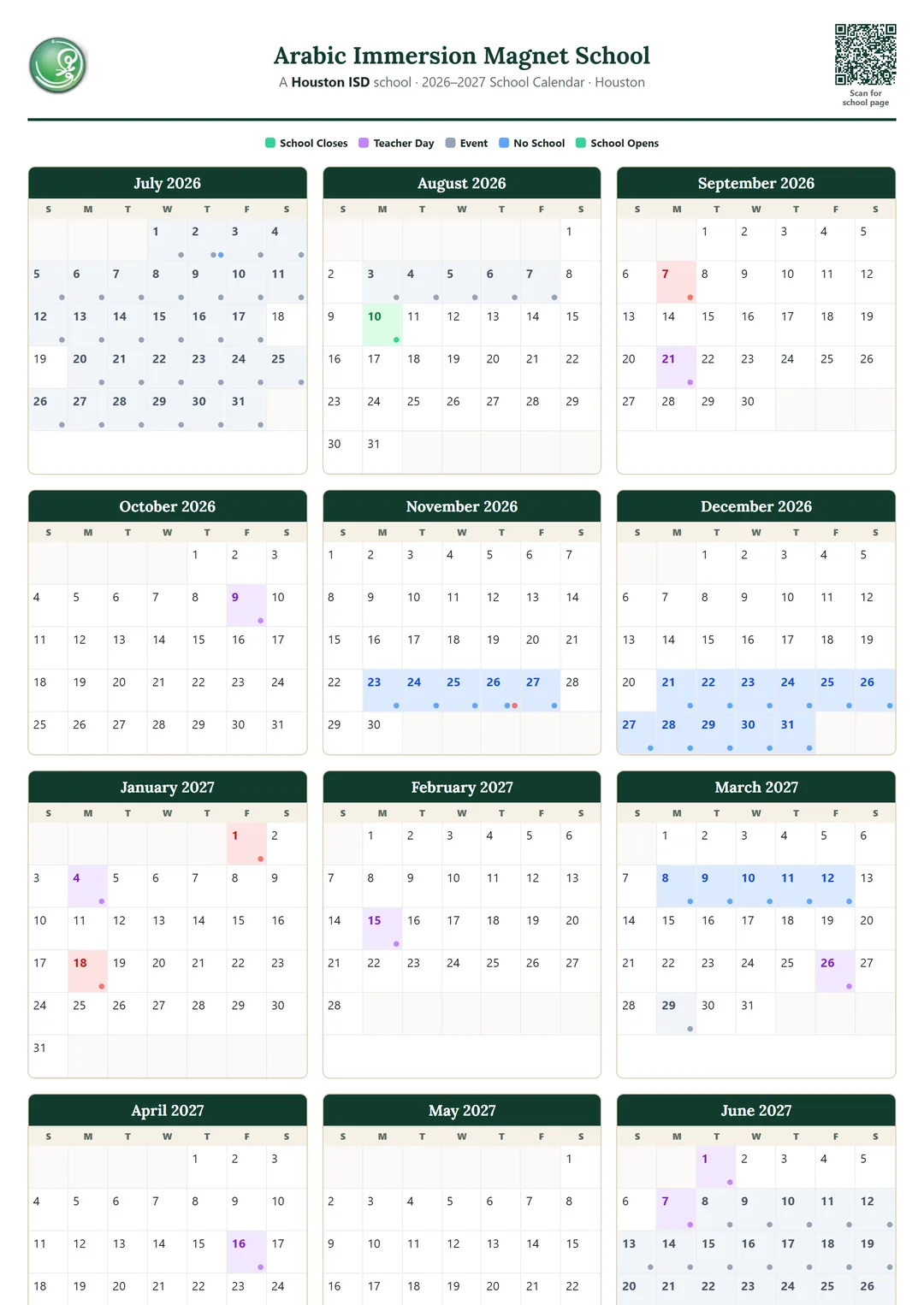 Arabic Immersion Magnet School printable 2026–2027 calendar