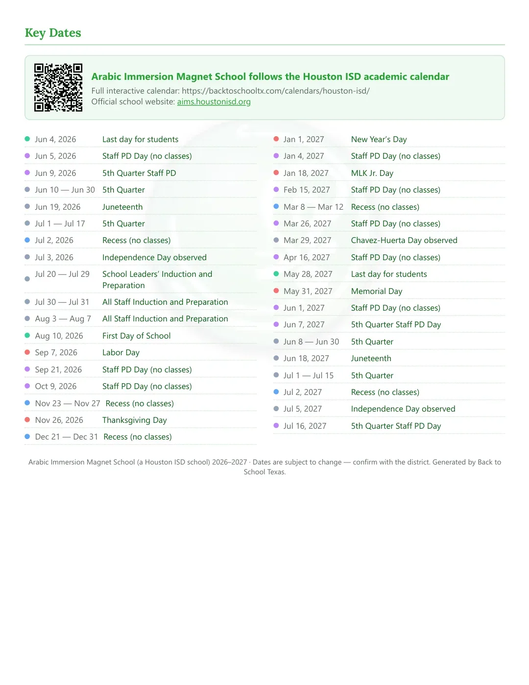 Arabic Immersion Magnet School Calendar for the Year 26-27 — key dates