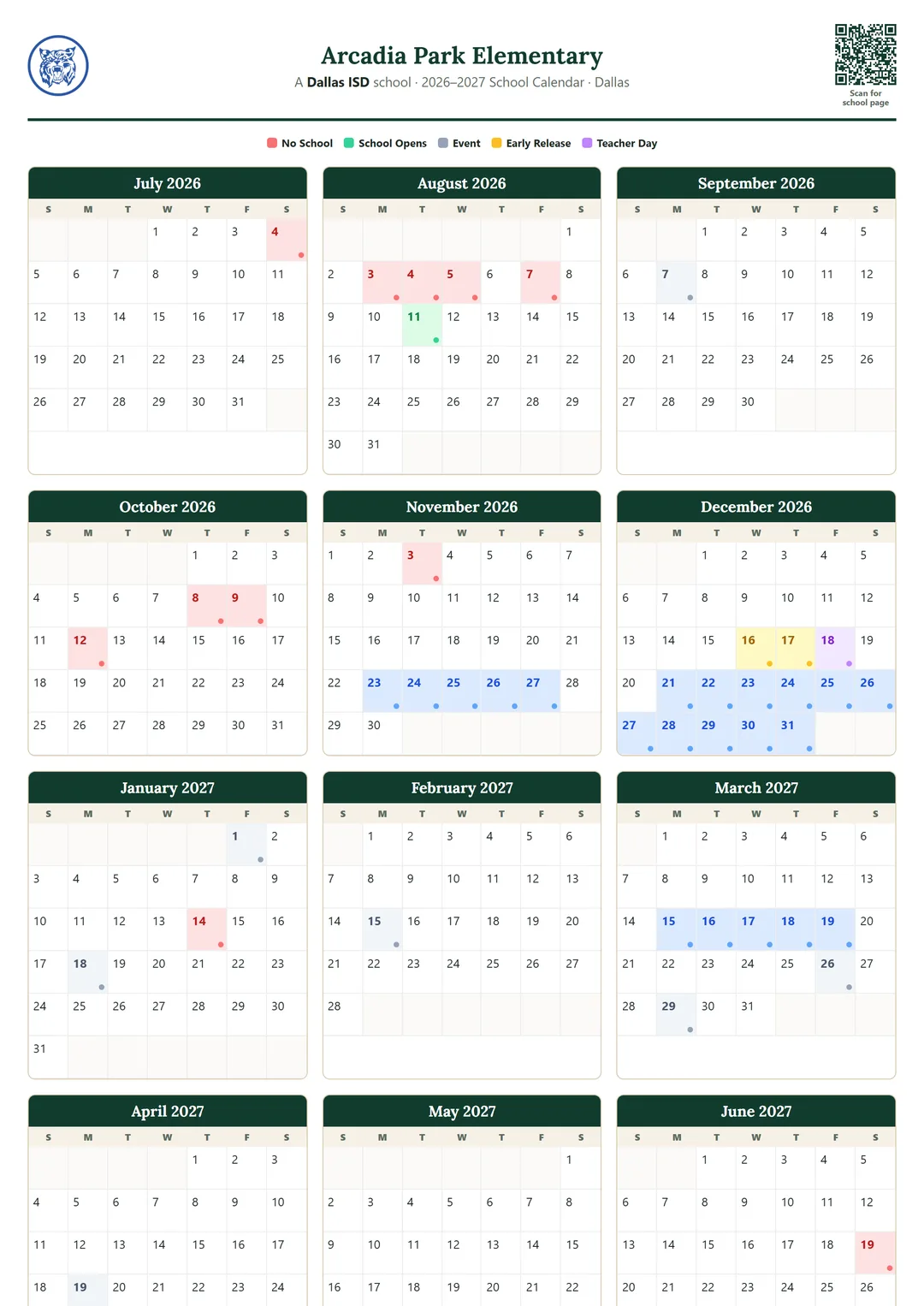 Arcadia Park Elementary printable 2026–2027 calendar