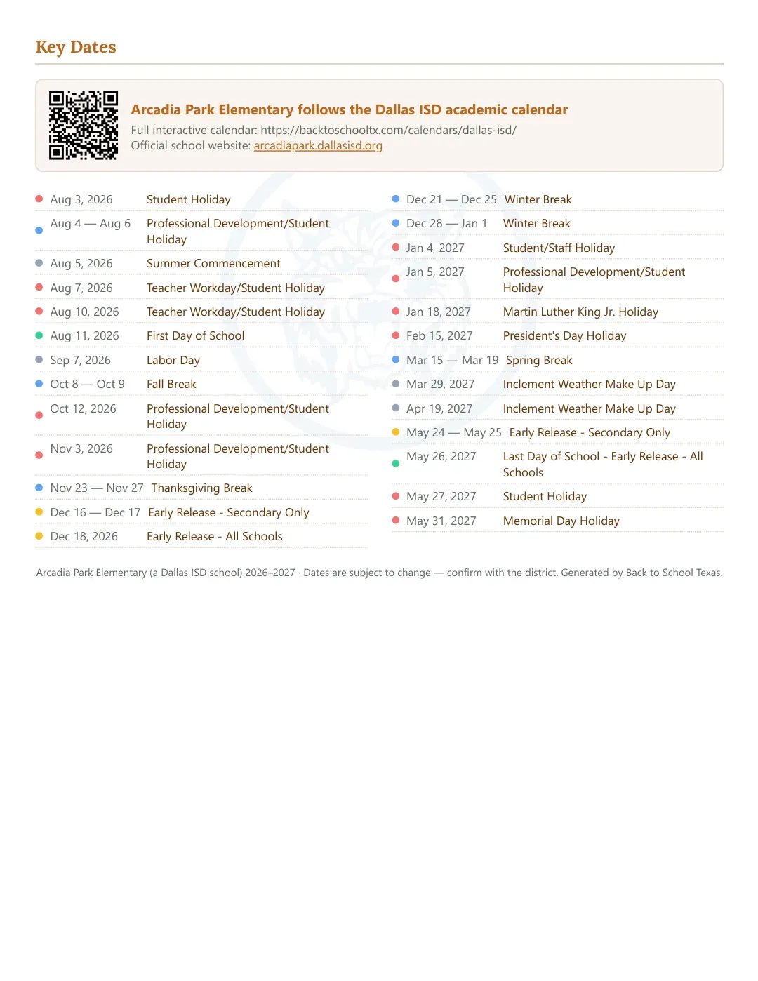 Arcadia Park Elementary Calendar for the Year 26-27 — key dates