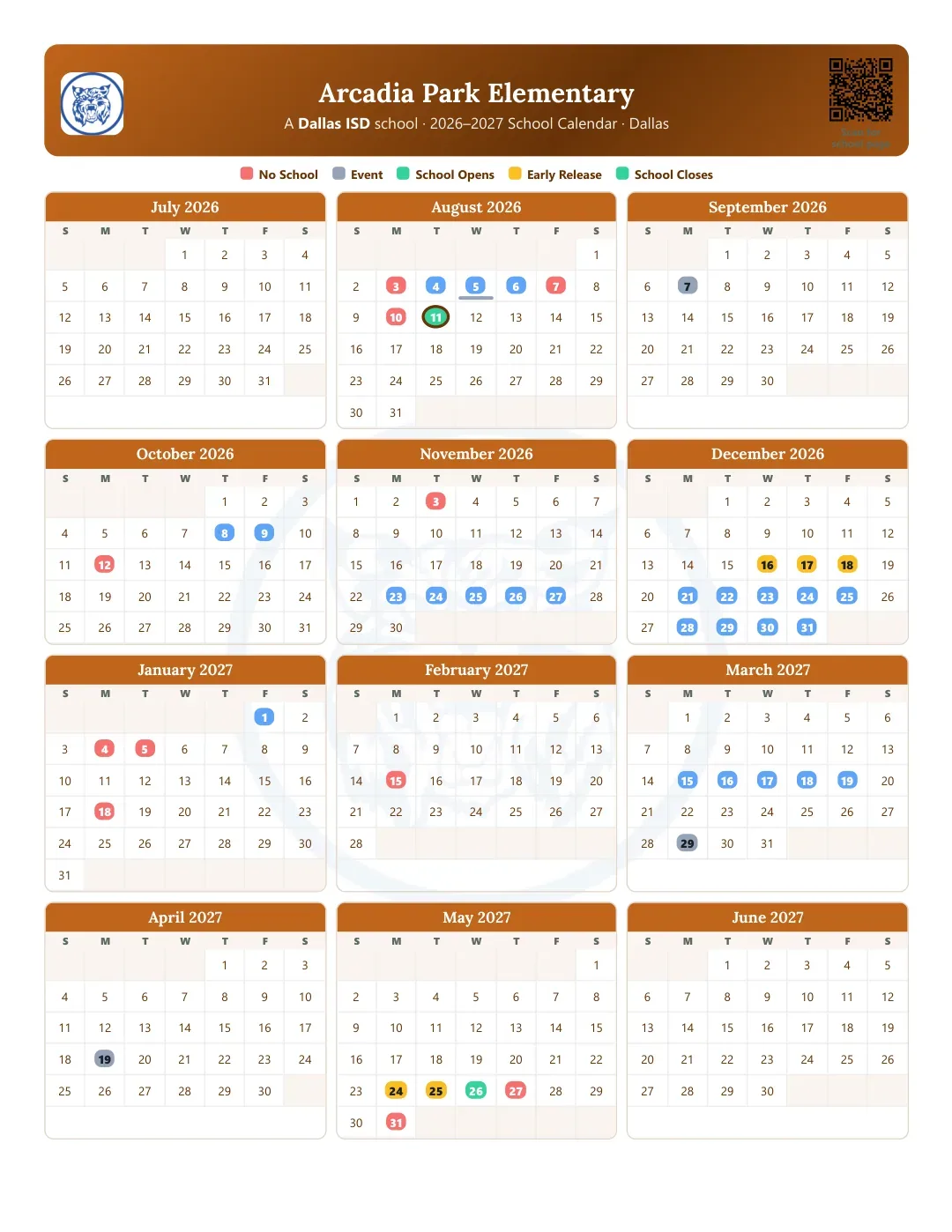 Arcadia Park Elementary Calendar for the Year 26-27