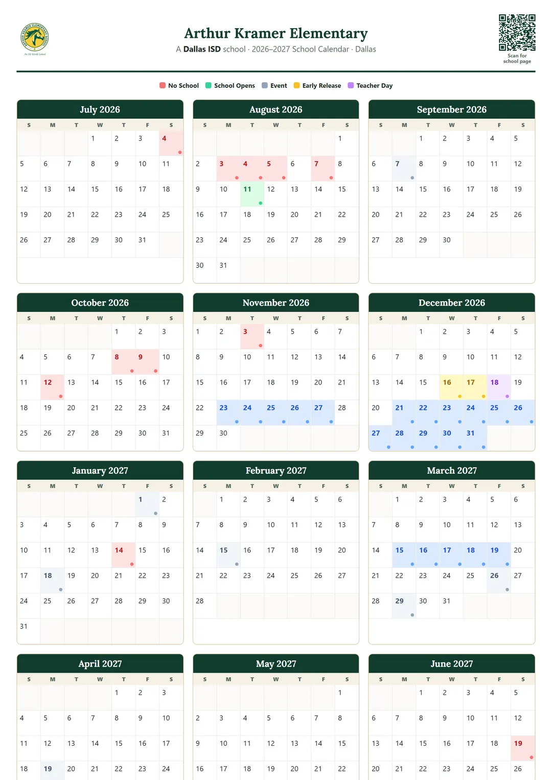 Arthur Kramer Elementary printable 2026–2027 calendar