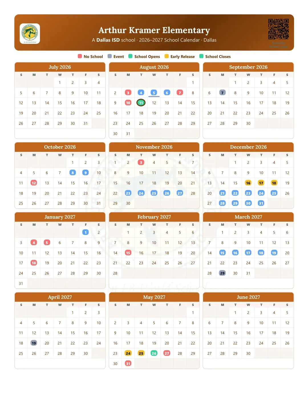 Arthur Kramer Elementary Calendar for the Year 26-27