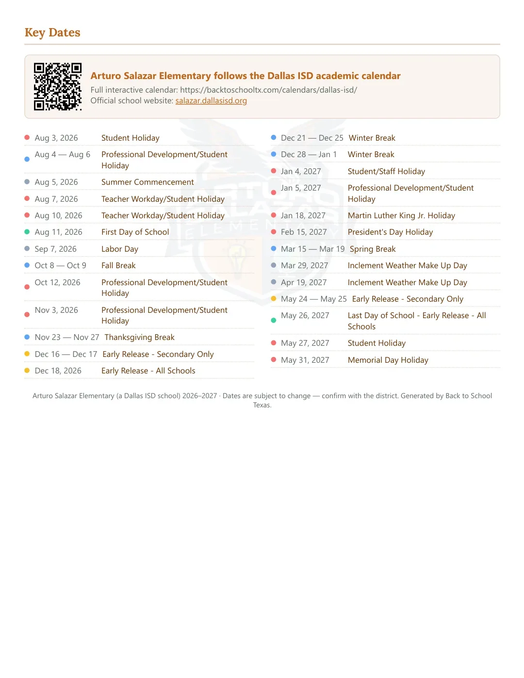 Arturo Salazar Elementary Calendar for the Year 26-27 — key dates