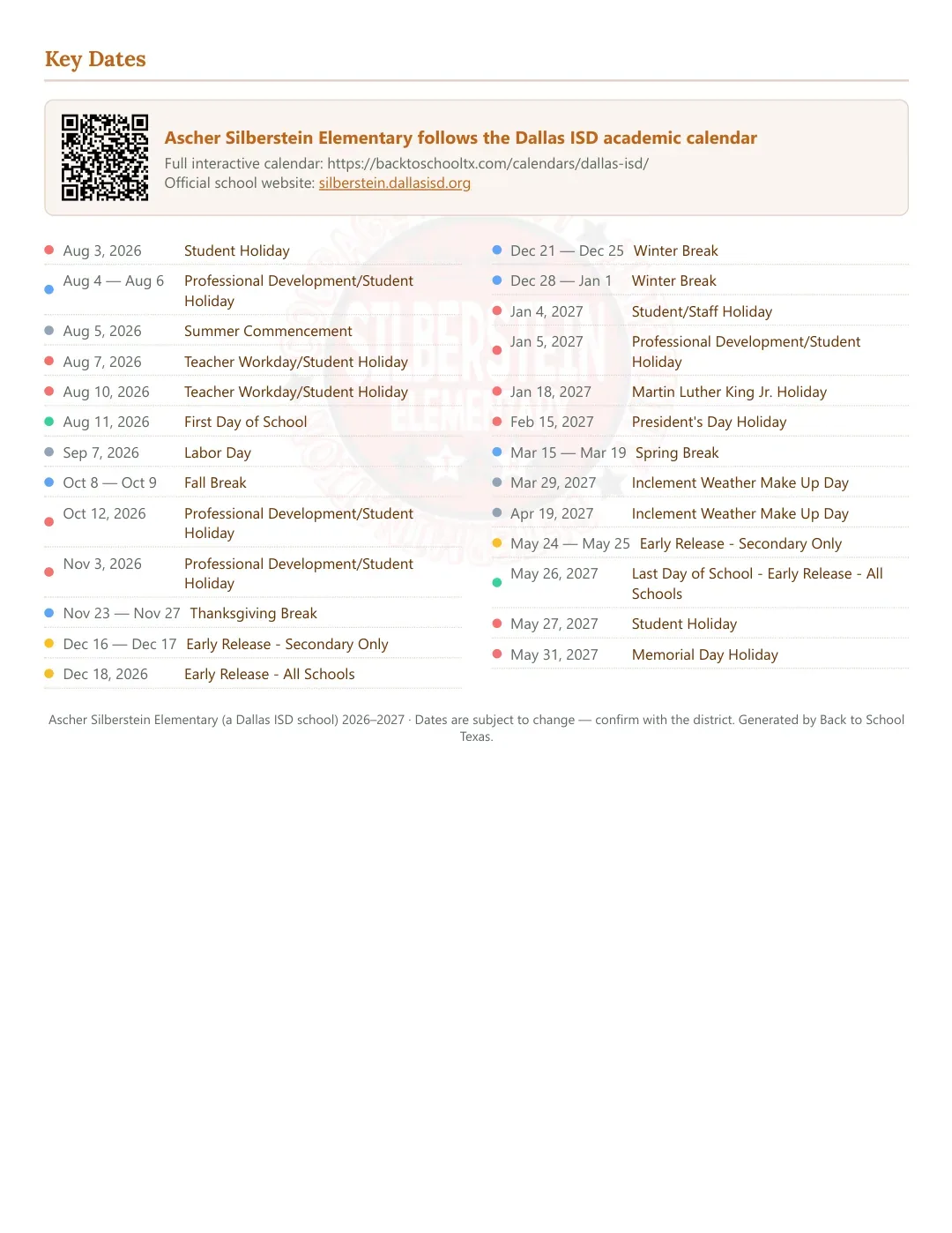 Ascher Silberstein Elementary Calendar for the Year 26-27 — key dates