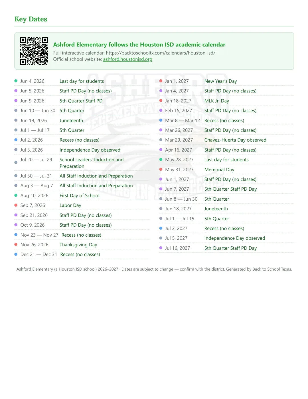 Ashford Elementary Calendar for the Year 26-27 — key dates