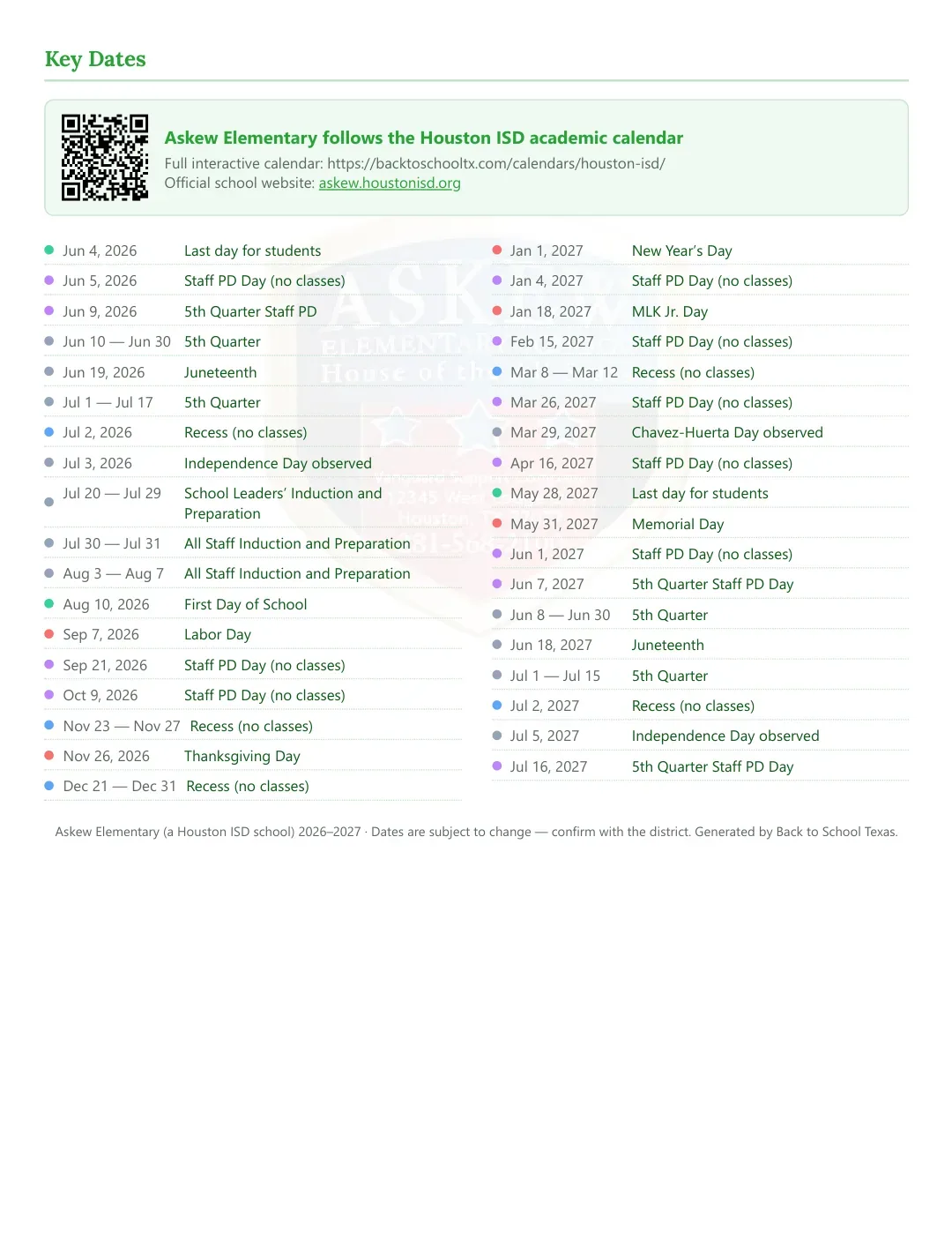 Askew Elementary Calendar for the Year 26-27 — key dates