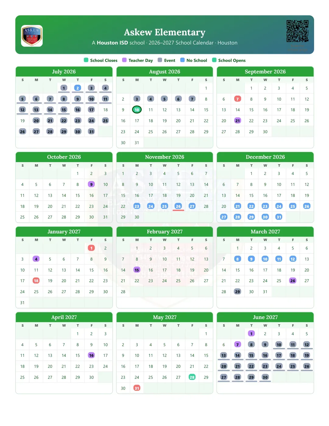 Askew Elementary Calendar for the Year 26-27