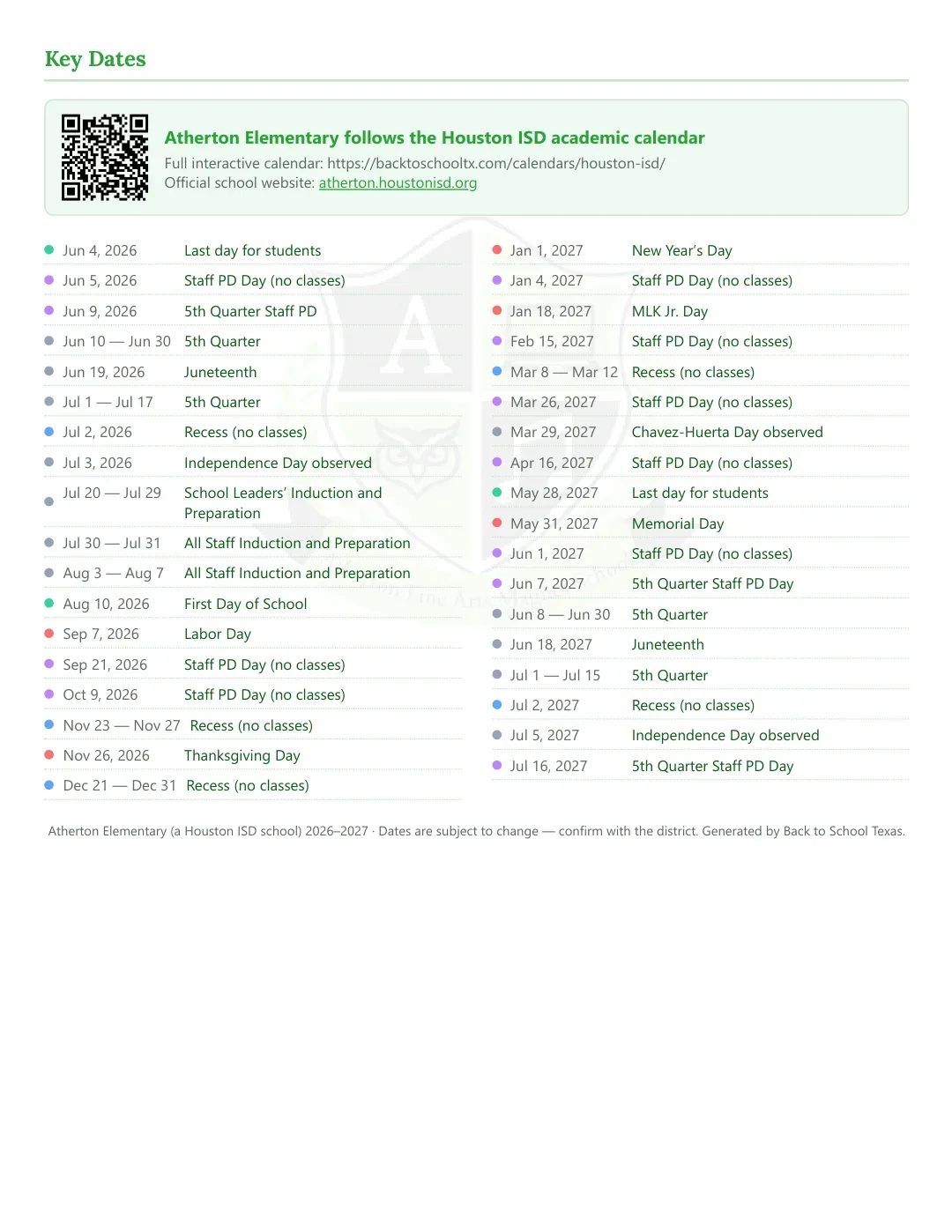 Atherton Elementary Calendar for the Year 26-27 — key dates