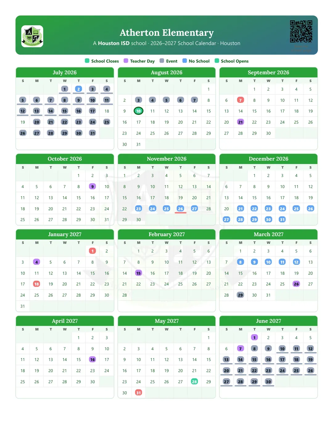 Atherton Elementary Calendar for the Year 26-27