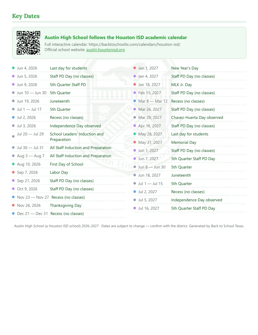 Austin High School Calendar for the Year 26-27 — key dates
