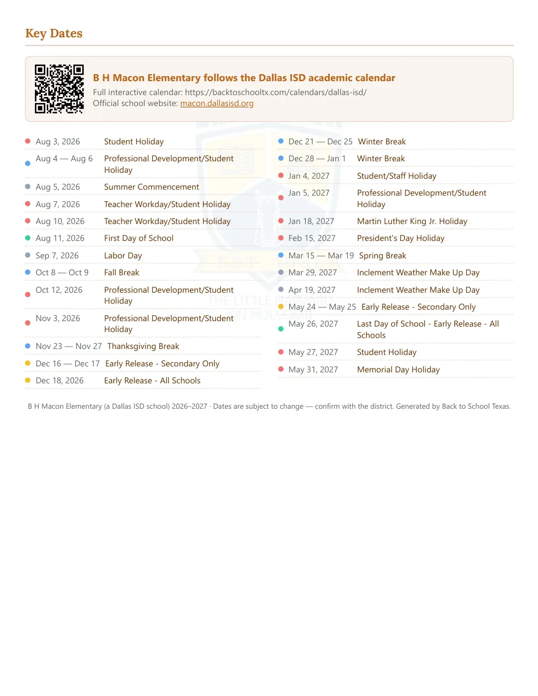 B H Macon Elementary Calendar for the Year 26-27 — key dates