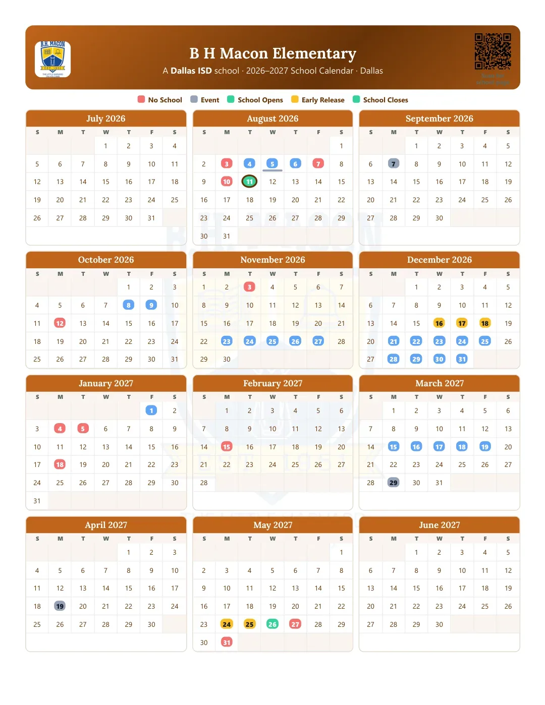B H Macon Elementary Calendar for the Year 26-27