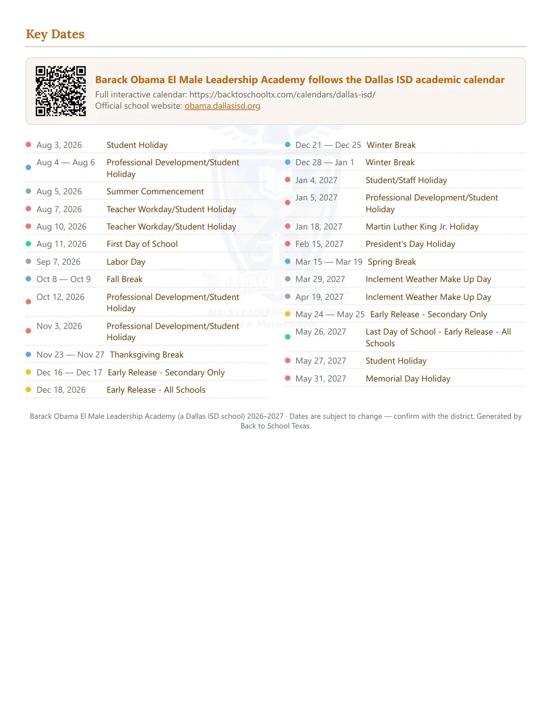 Barack Obama El Male Leadership Academy Calendar for the Year 26-27 — key dates