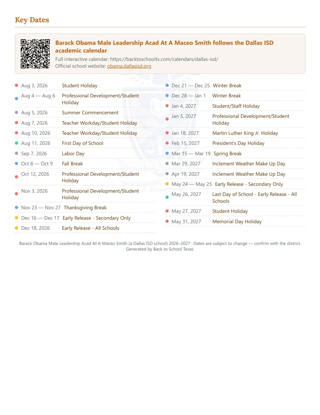 Barack Obama Male Leadership Acad At A Maceo Smith Calendar for the Year 26-27 — key dates