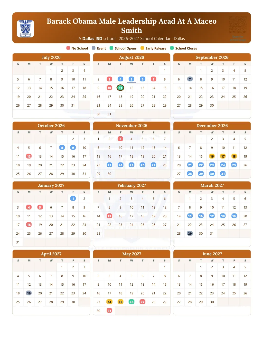 Barack Obama Male Leadership Acad At A Maceo Smith Calendar for the Year 26-27