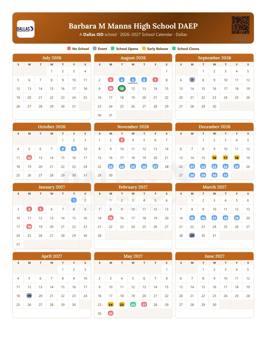 Barbara M Manns High School DAEP Calendar for the Year 26-27
