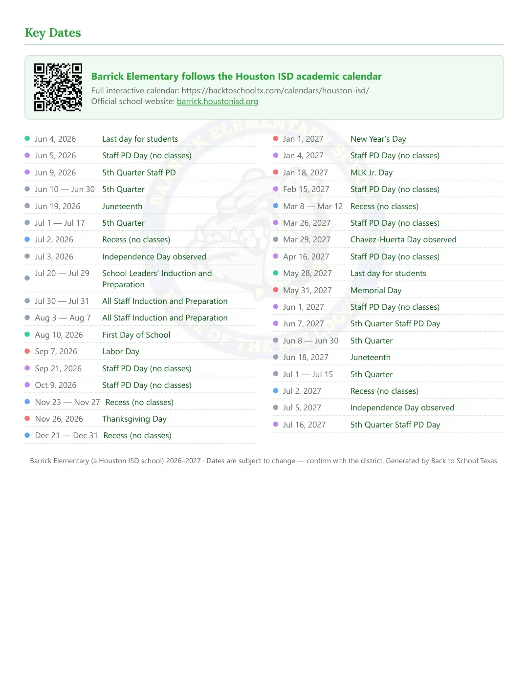 Barrick Elementary Calendar for the Year 26-27 — key dates