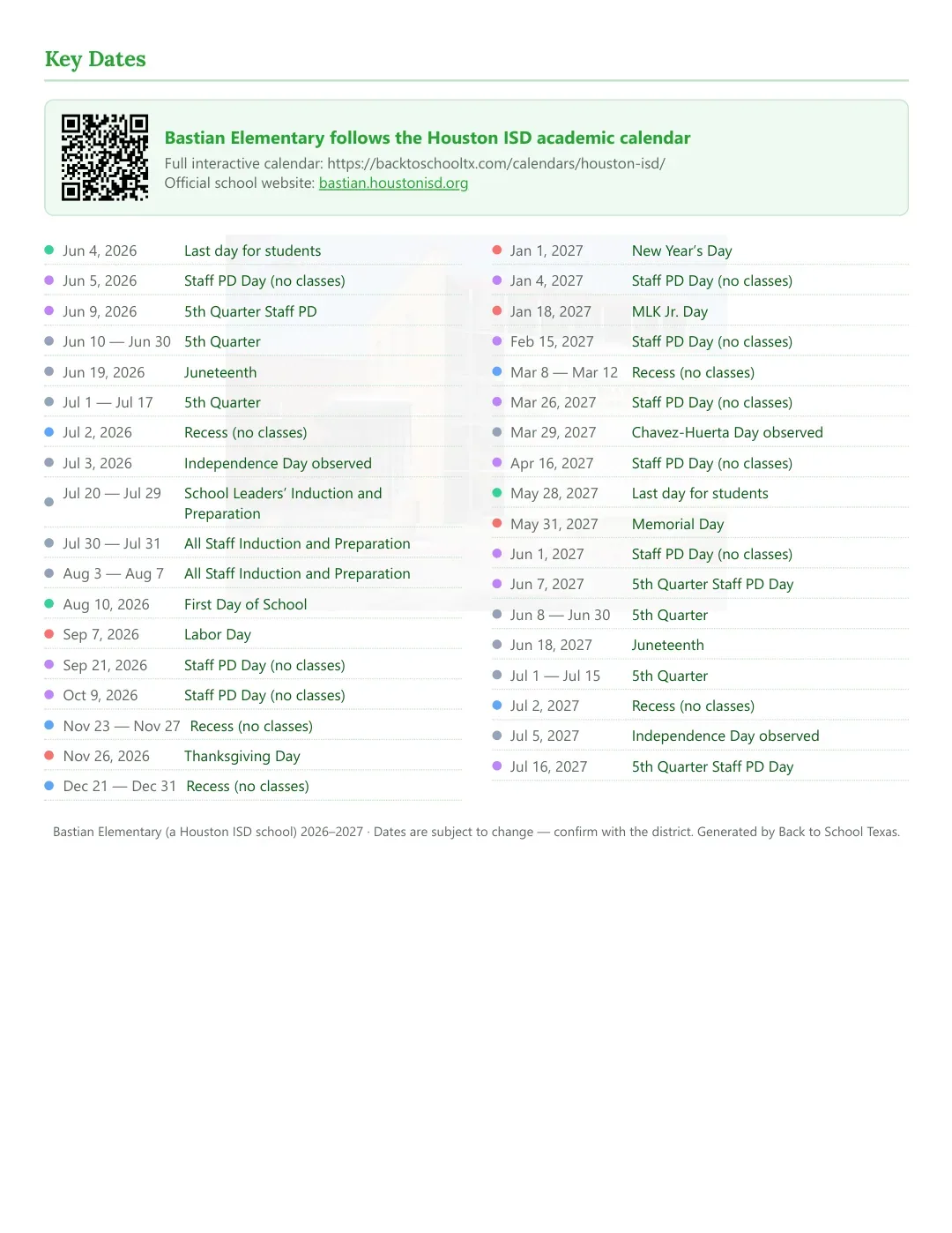 Bastian Elementary Calendar for the Year 26-27 — key dates