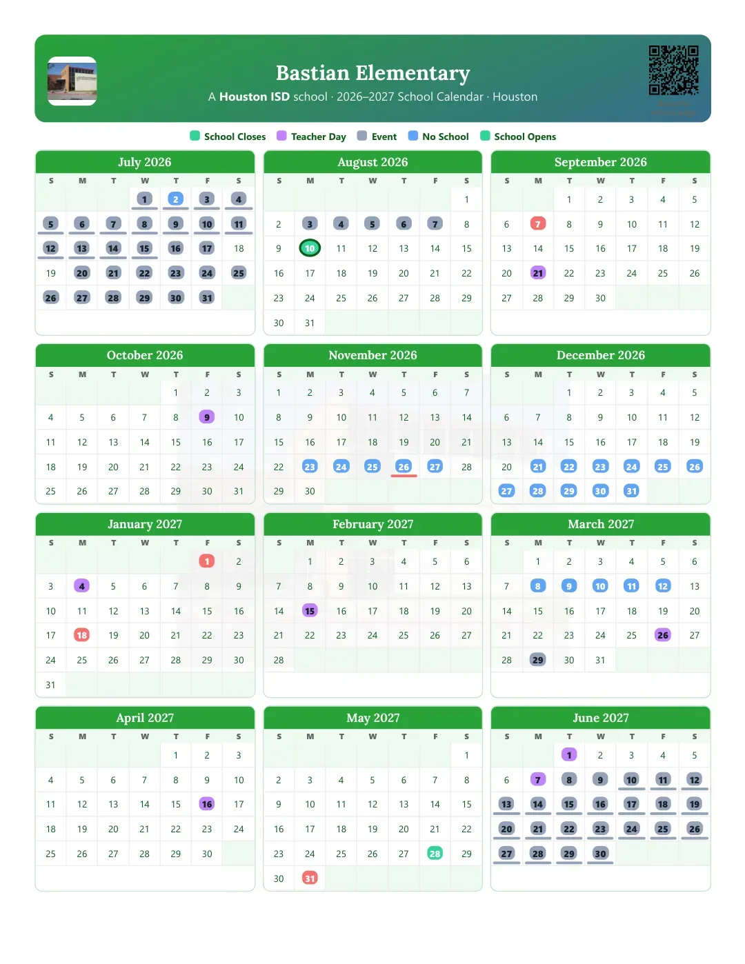 Bastian Elementary Calendar for the Year 26-27