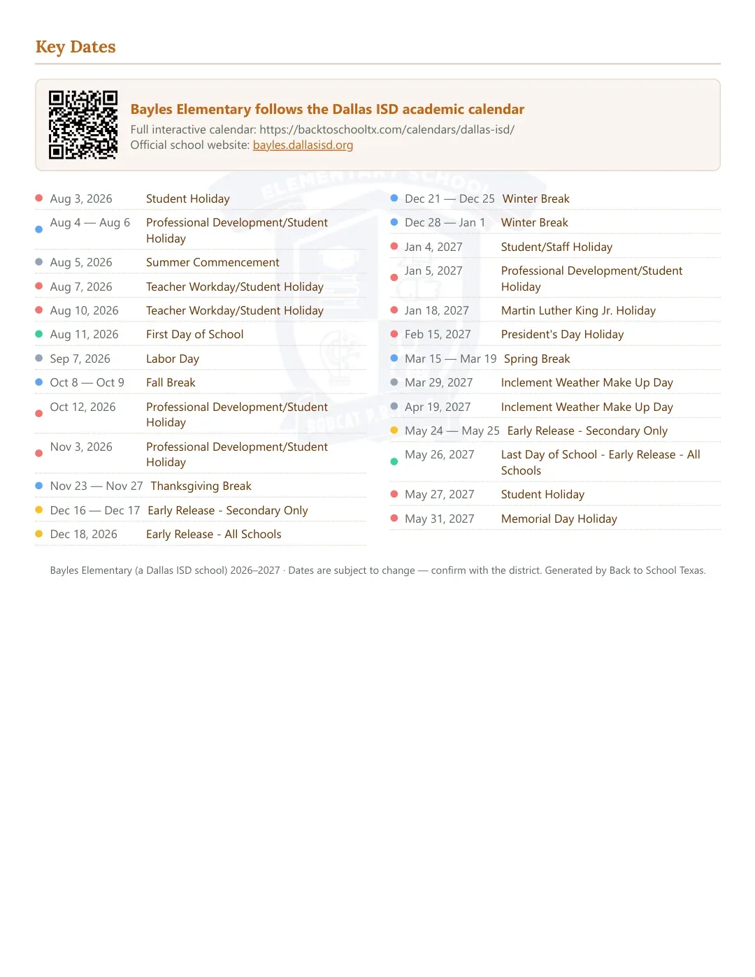 Bayles Elementary Calendar for the Year 26-27 — key dates