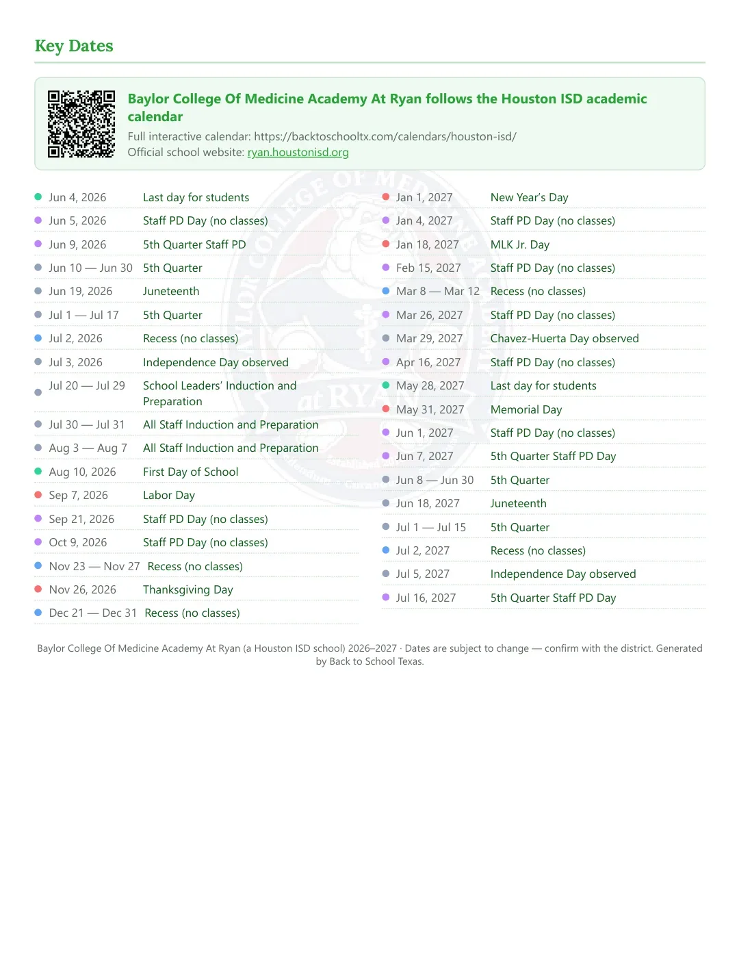 Baylor College Of Medicine Academy At Ryan Calendar for the Year 26-27 — key dates