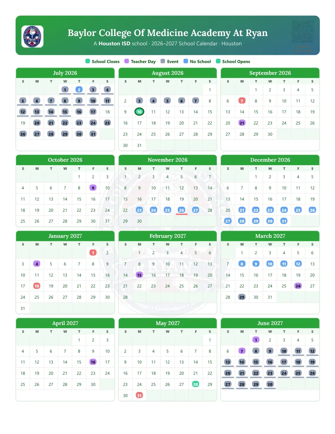 Baylor College Of Medicine Academy At Ryan Calendar for the Year 26-27