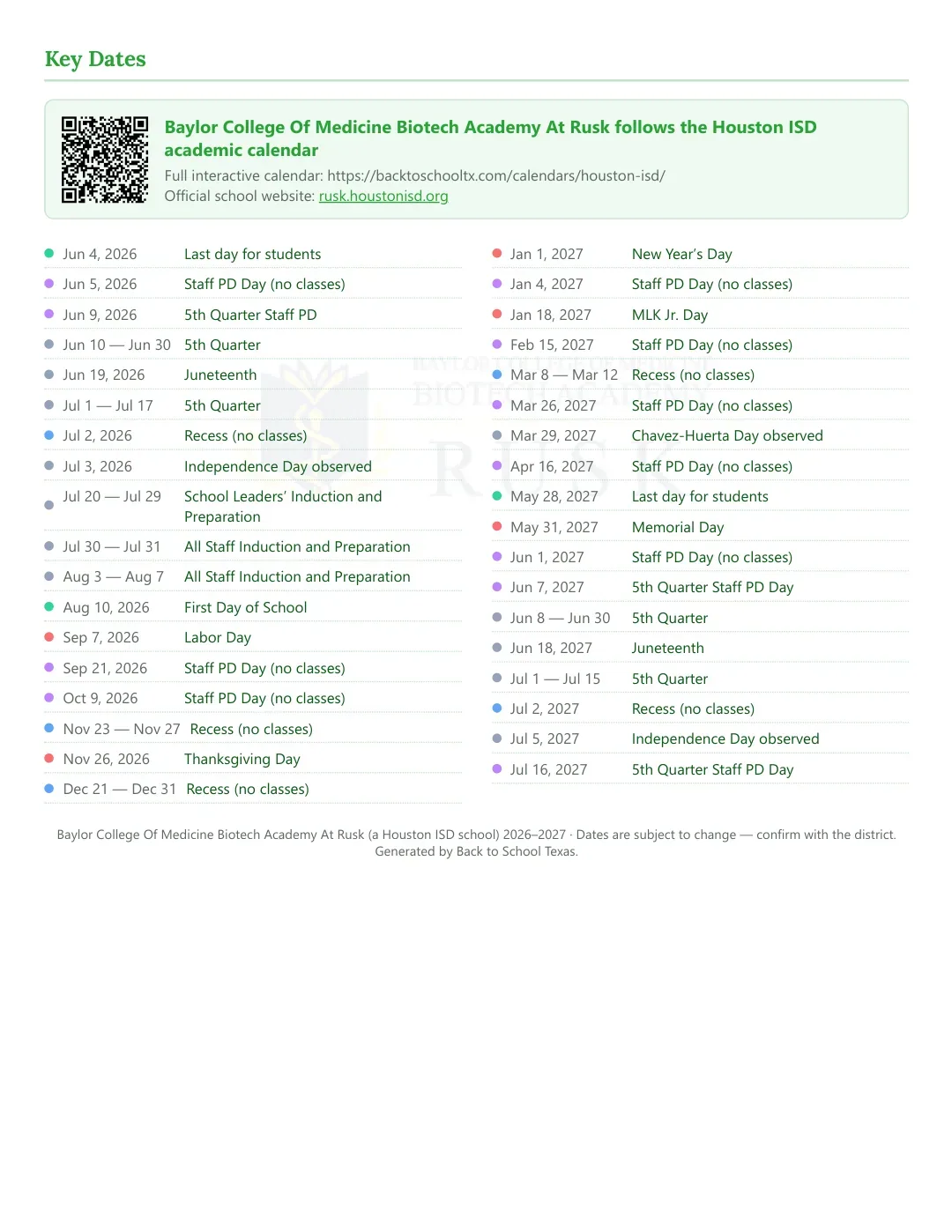 Baylor College Of Medicine Biotech Academy At Rusk Calendar for the Year 26-27 — key dates
