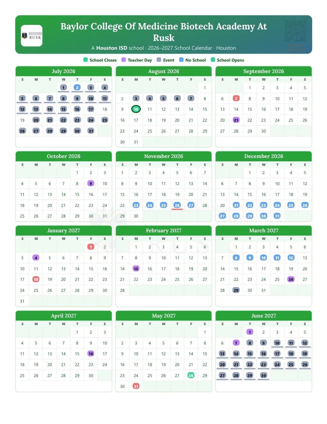 Baylor College Of Medicine Biotech Academy At Rusk Calendar for the Year 26-27