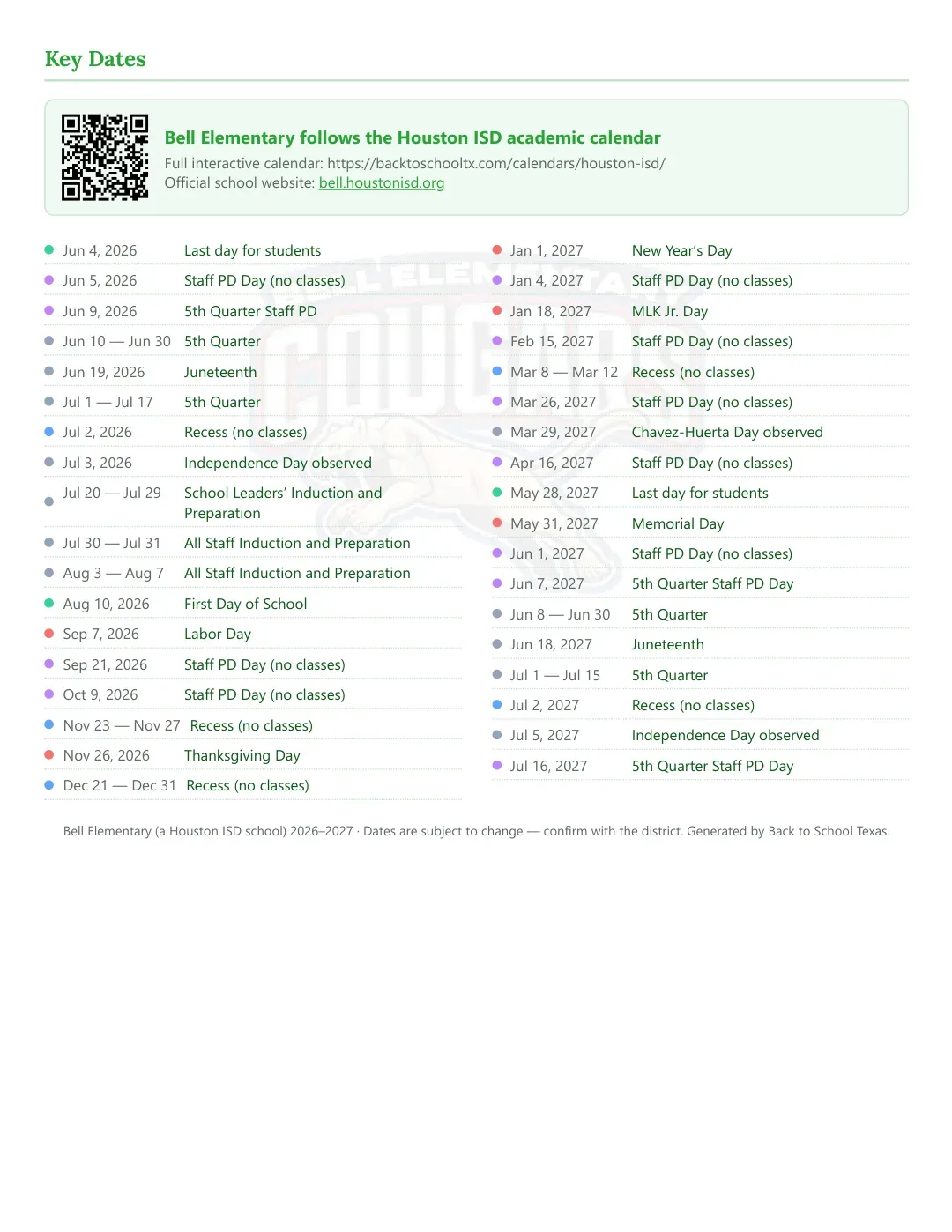 Bell Elementary Calendar for the Year 26-27 — key dates