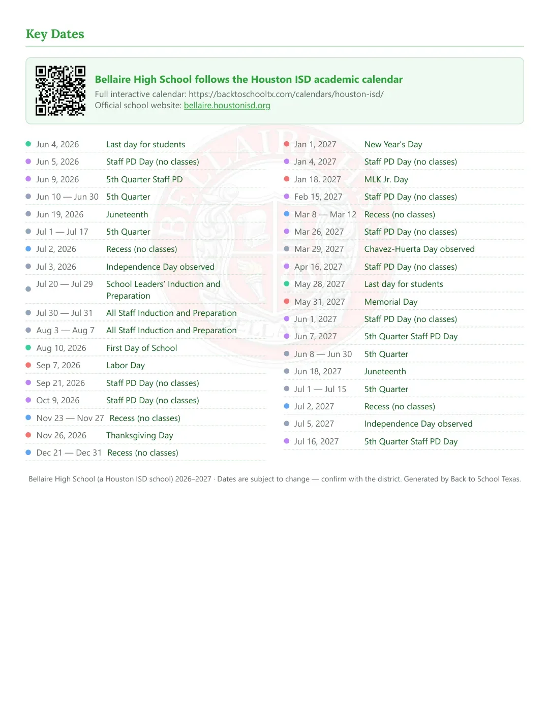 Bellaire High School Calendar for the Year 26-27 — key dates