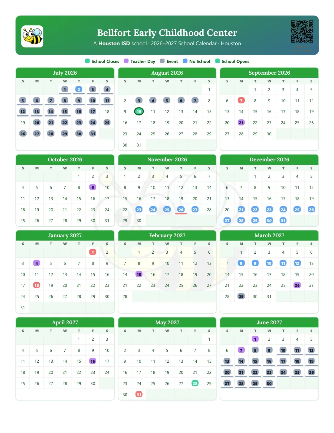 Bellfort Early Childhood Center Calendar for the Year 26-27