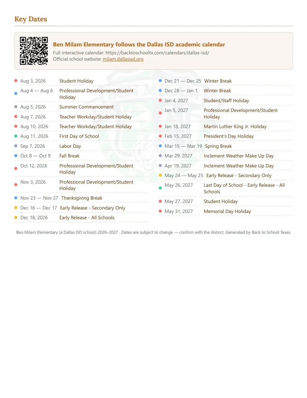 Ben Milam Elementary Calendar for the Year 26-27 — key dates