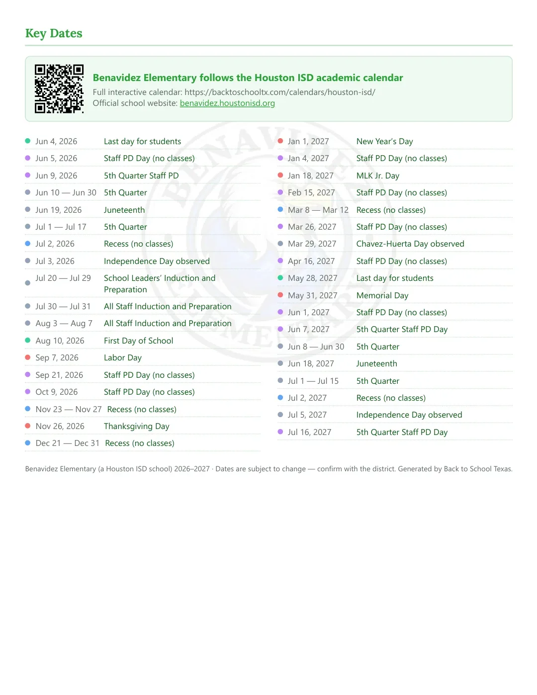 Benavidez Elementary Calendar for the Year 26-27 — key dates