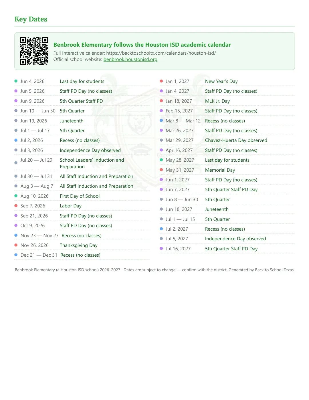 Benbrook Elementary Calendar for the Year 26-27 — key dates