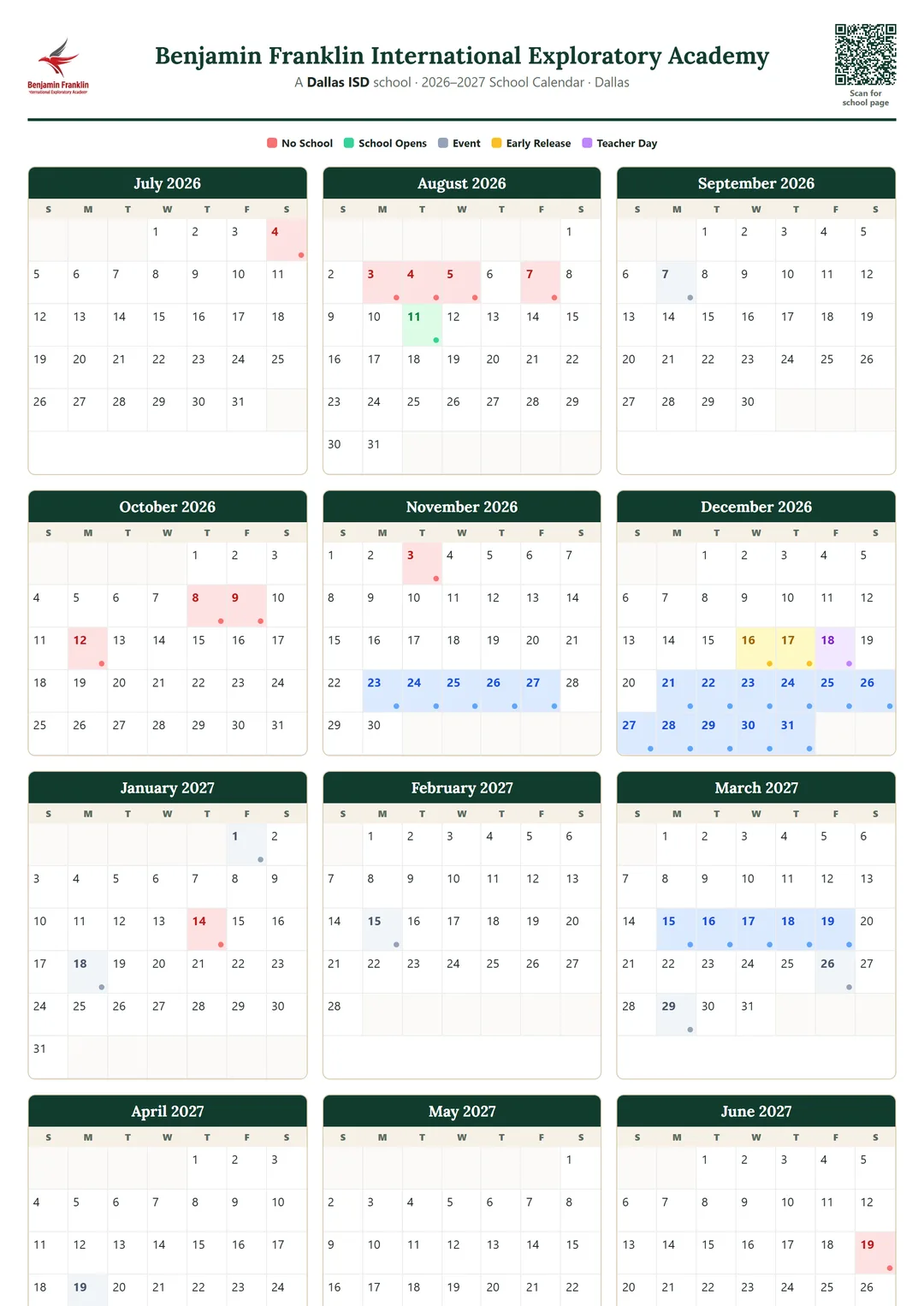 Benjamin Franklin International Exploratory Academy printable 2026–2027 calendar