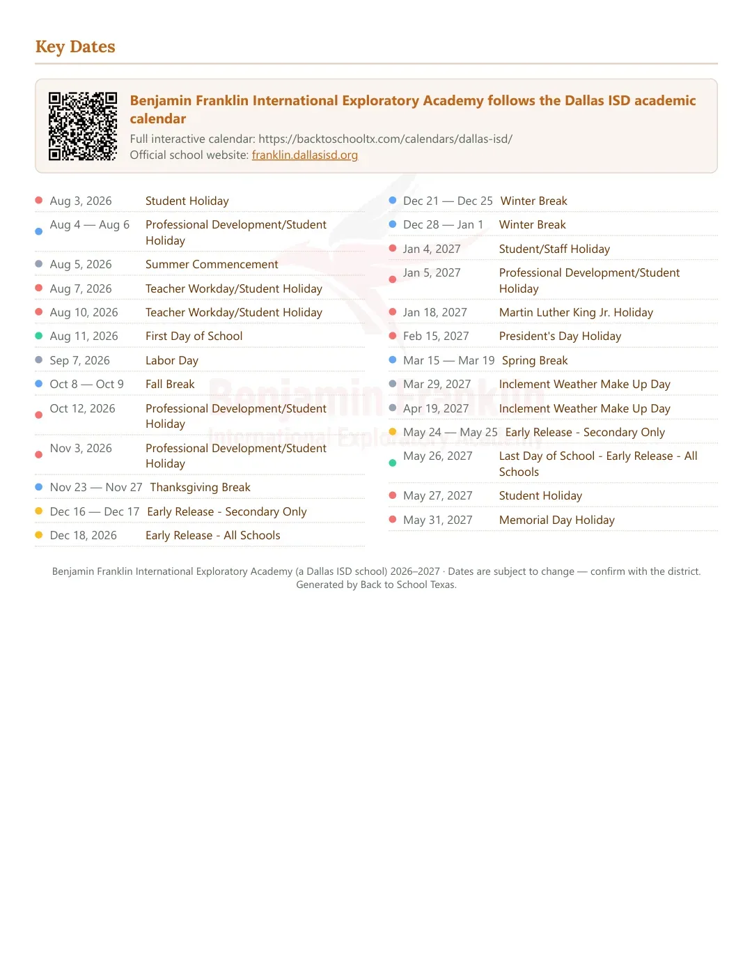 Benjamin Franklin International Exploratory Academy Calendar for the Year 26-27 — key dates