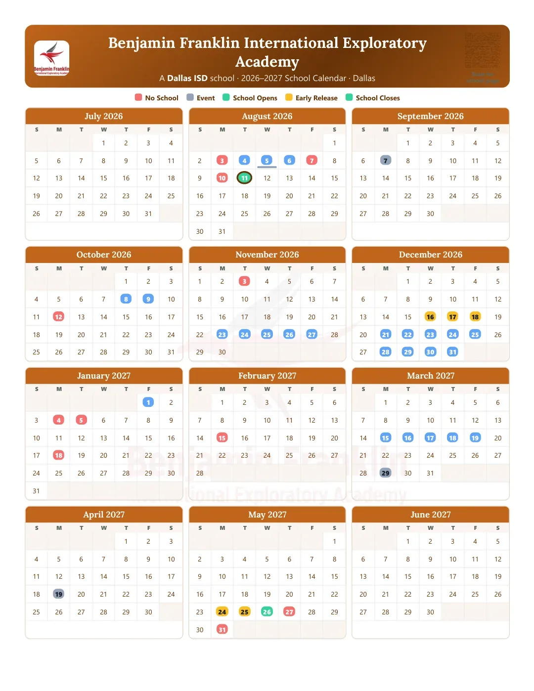 Benjamin Franklin International Exploratory Academy Calendar for the Year 26-27