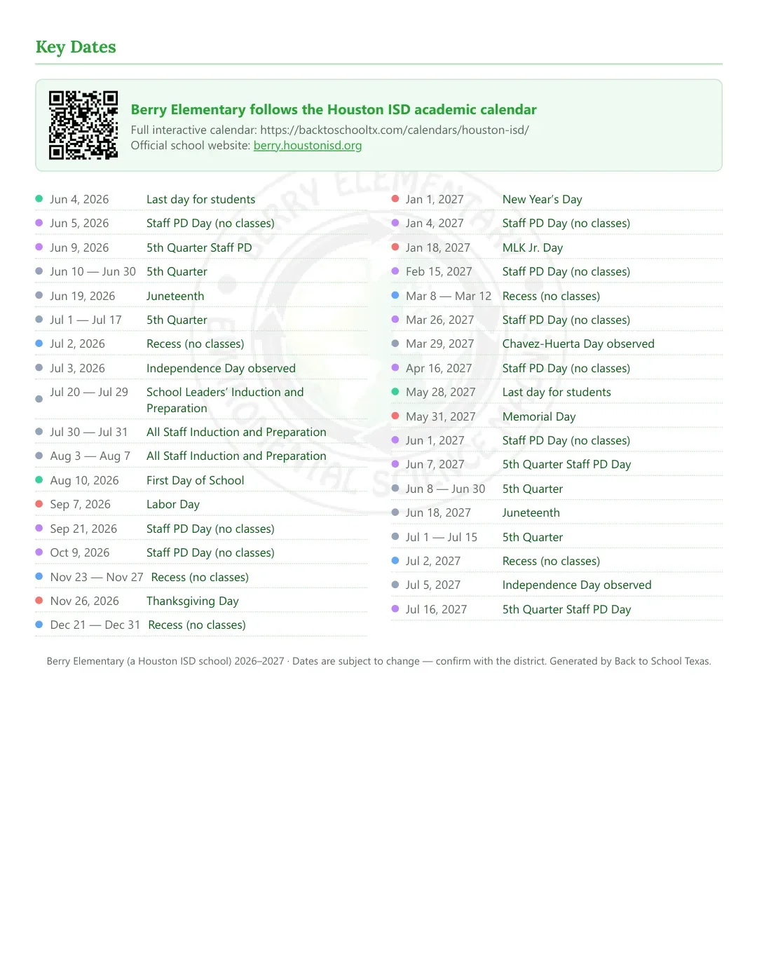 Berry Elementary Calendar for the Year 26-27 — key dates