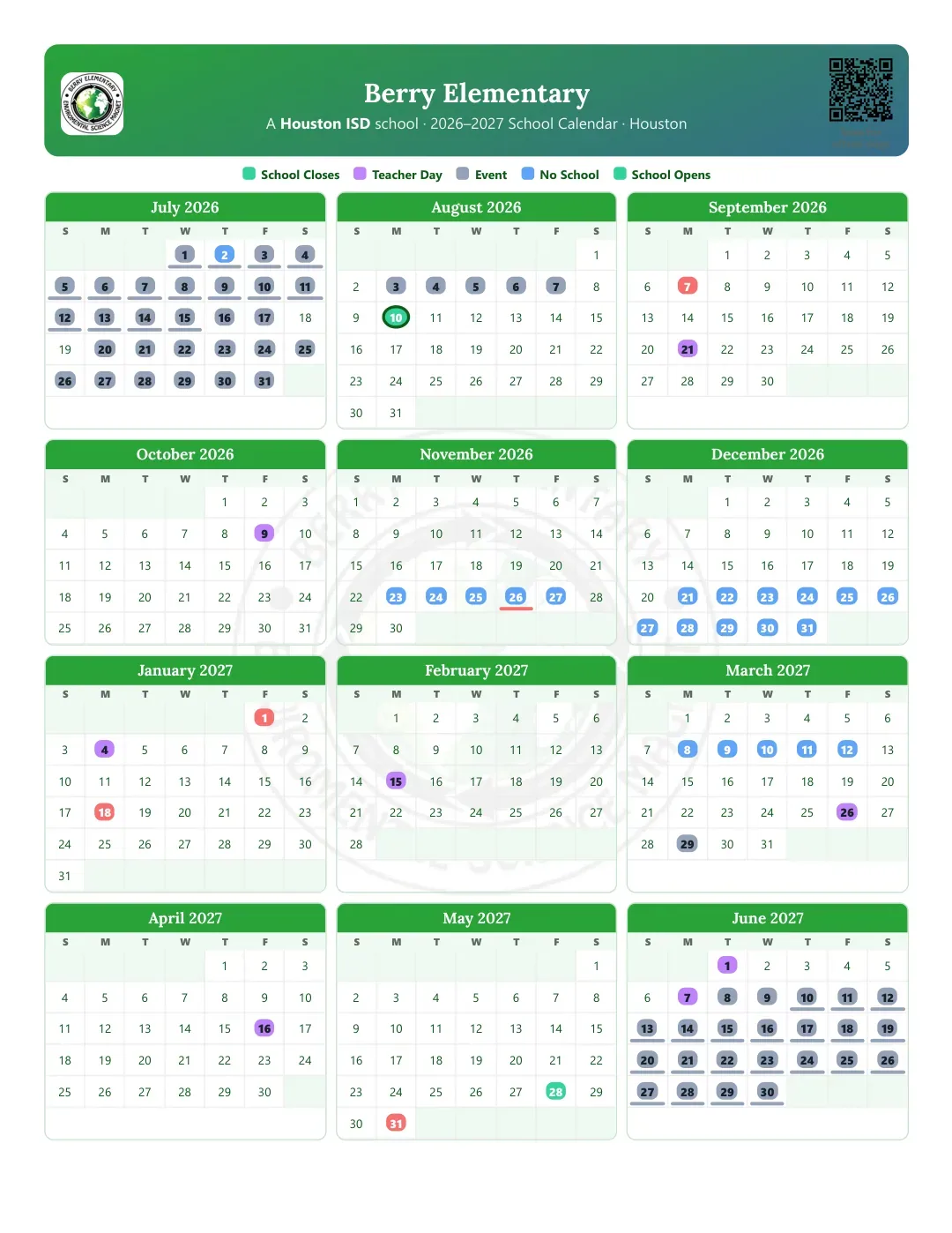 Berry Elementary Calendar for the Year 26-27