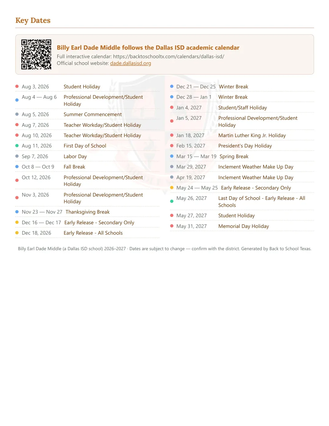 Billy Earl Dade Middle Calendar for the Year 26-27 — key dates
