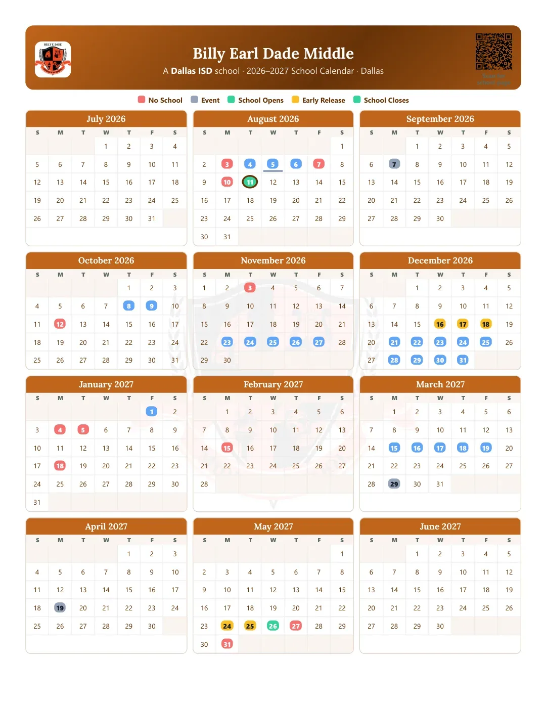 Billy Earl Dade Middle Calendar for the Year 26-27