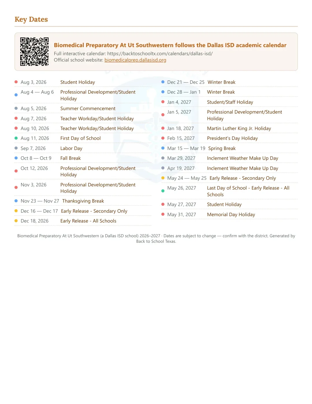 Biomedical Preparatory At Ut Southwestern Calendar for the Year 26-27 — key dates