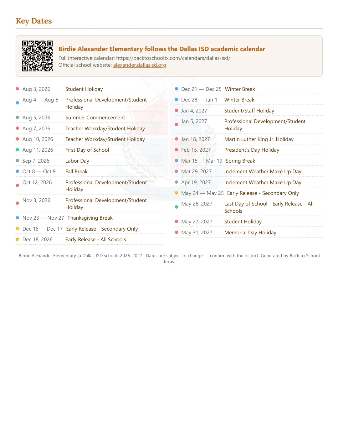 Birdie Alexander Elementary Calendar for the Year 26-27 — key dates