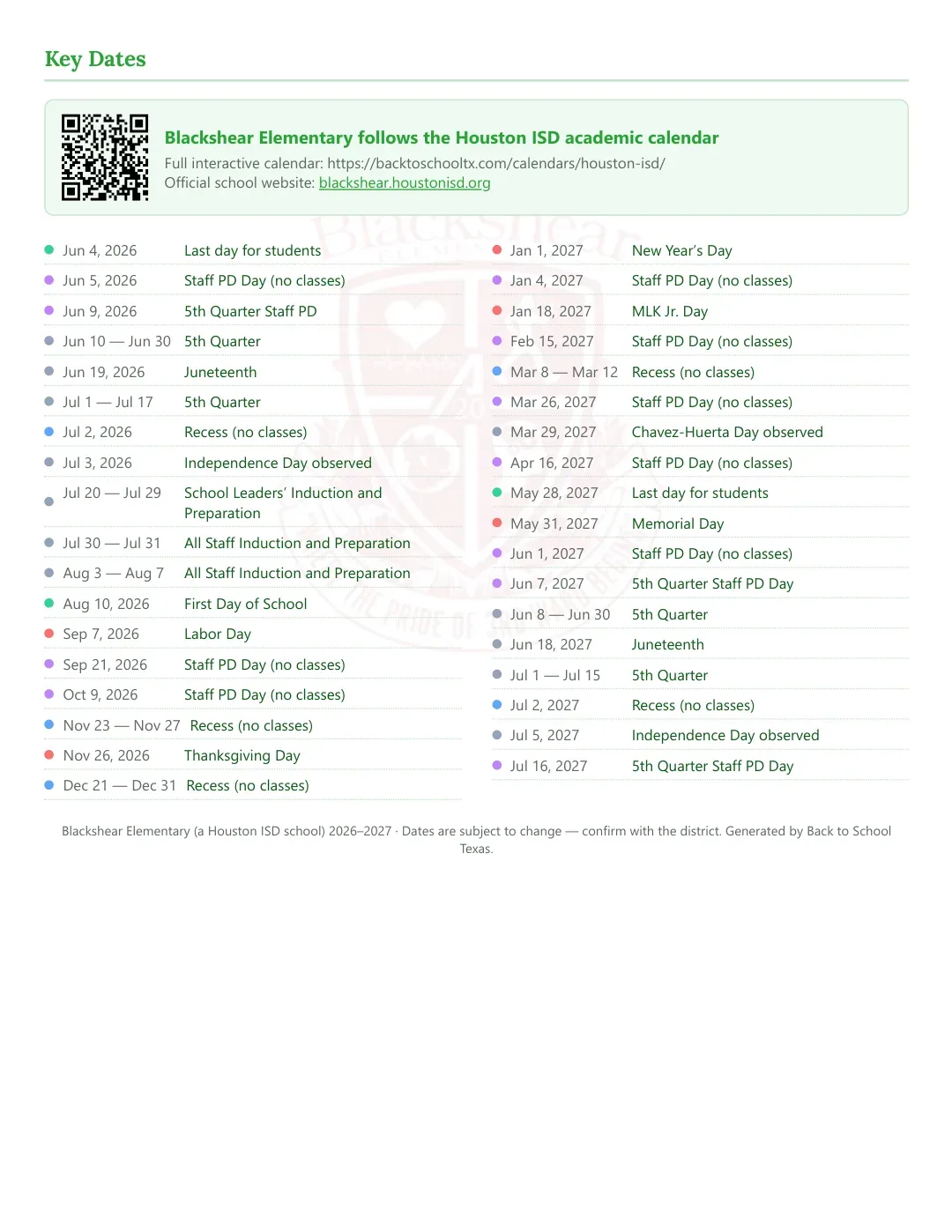 Blackshear Elementary Calendar for the Year 26-27 — key dates