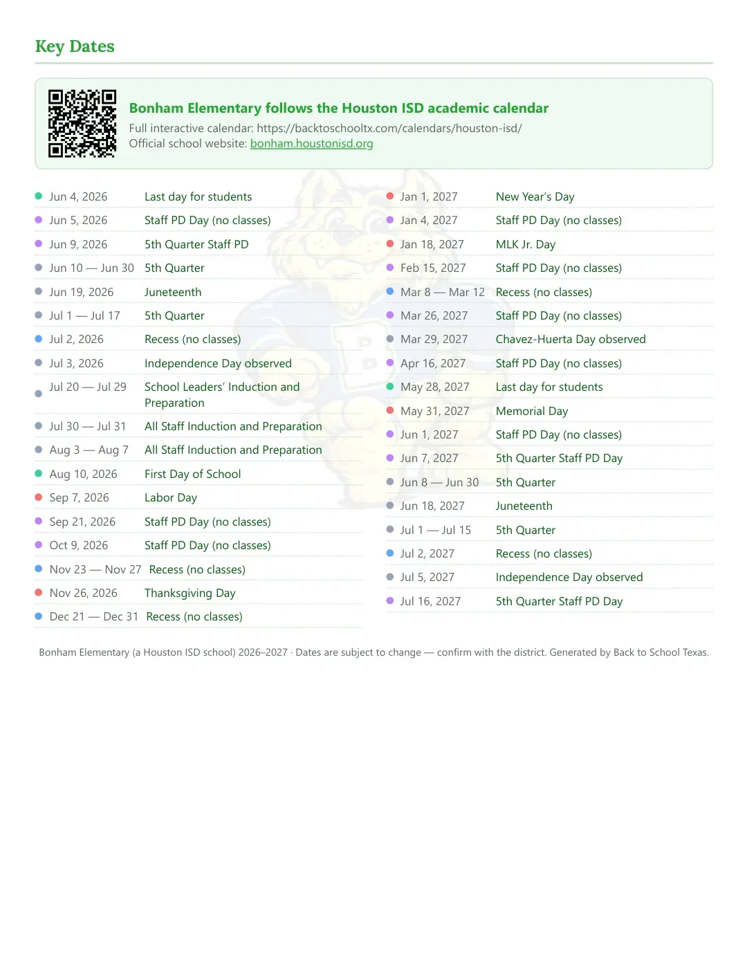 Bonham Elementary Calendar for the Year 26-27 — key dates